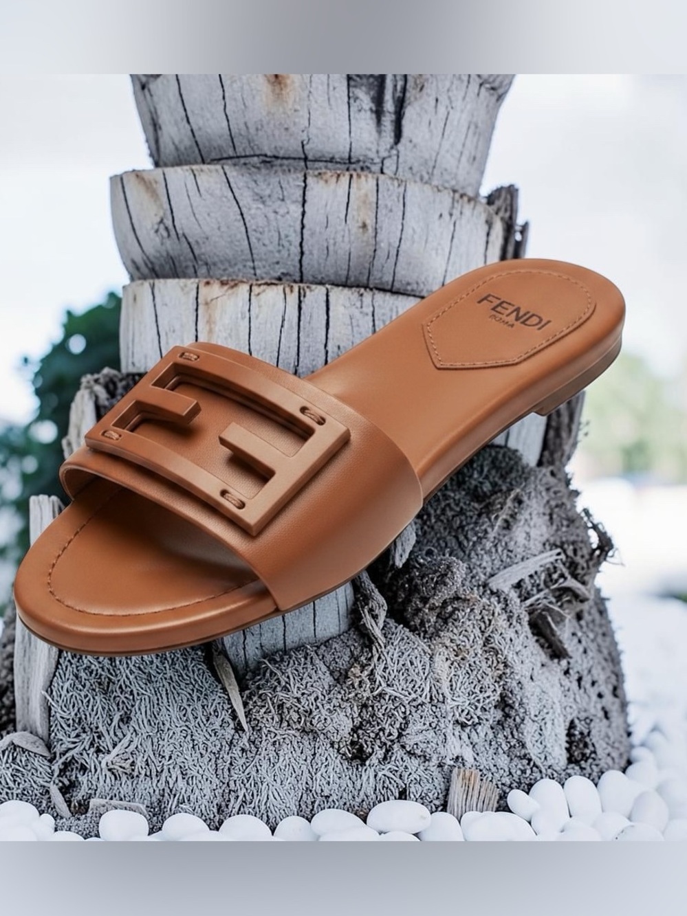 Fendi Tan Leather FF-Logo Slide Sandals